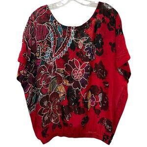 Chicos 100% Silk Beaded Floral Short Sleeve Sheer Top w Elastic Waist Size S/M